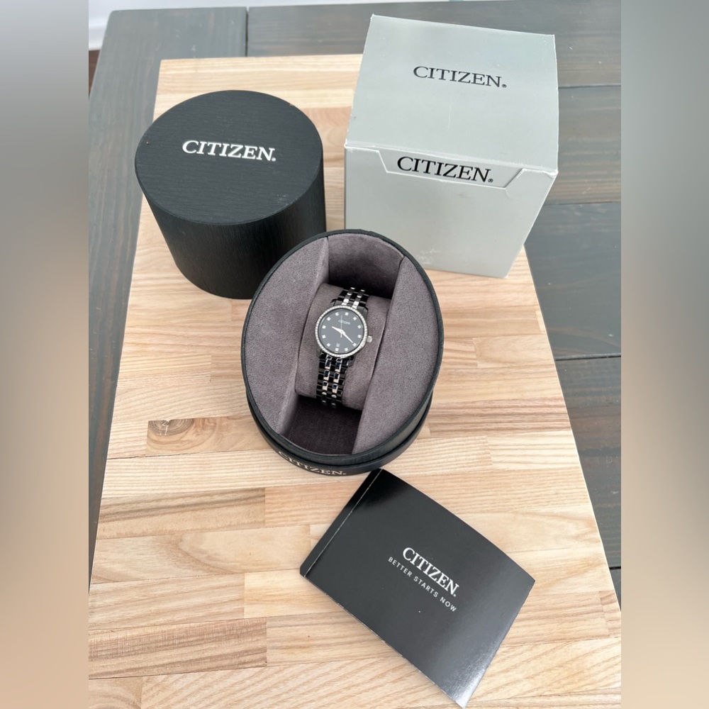 Citizen Ladies Watch Crystal Dial Markers Black & Stainless Band Quartz Date Wnd - Picture 7 of 16
